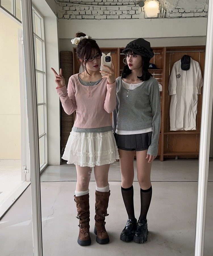 レイヤードヘンリーネック長袖Ｔシャツ PINK