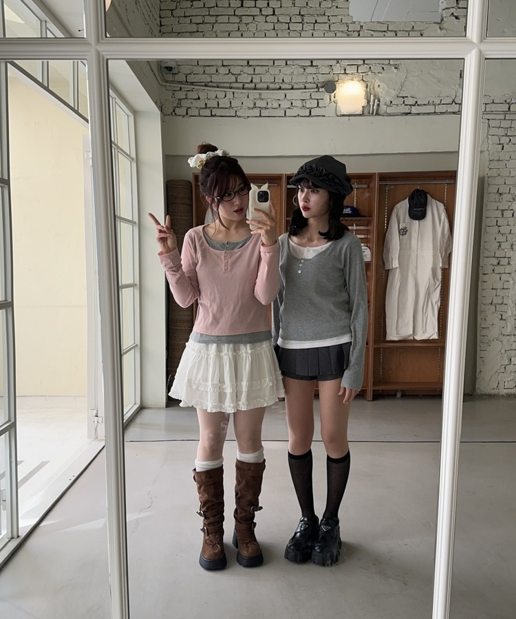 レイヤードヘンリーネック長袖Ｔシャツ PINK