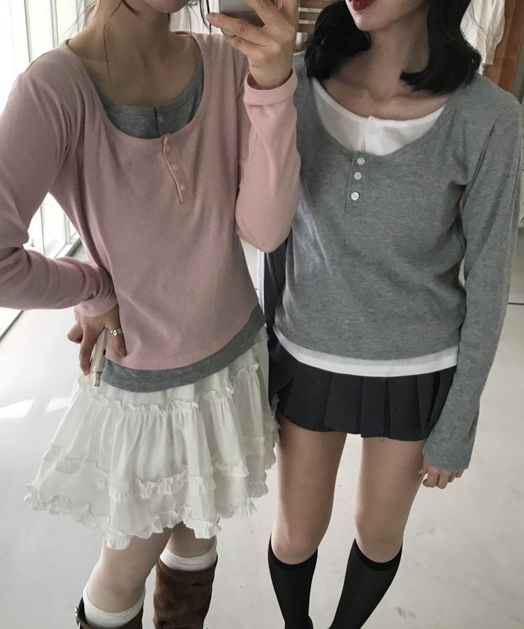 レイヤードヘンリーネック長袖Ｔシャツ PINK