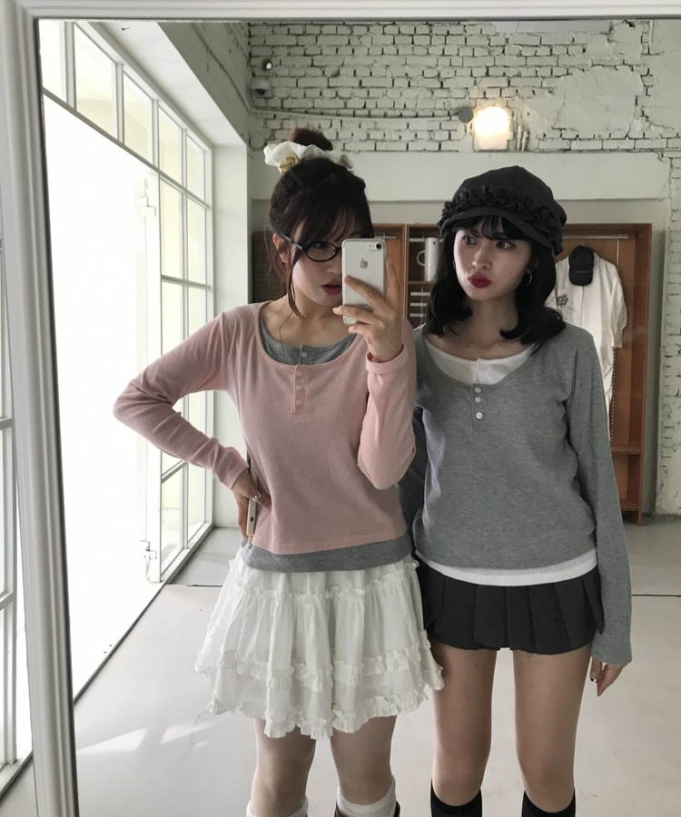 レイヤードヘンリーネック長袖Ｔシャツ PINK