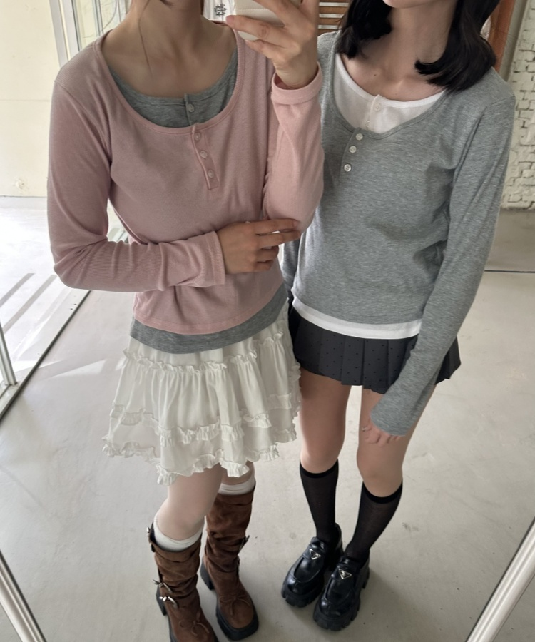 レイヤードヘンリーネック長袖Ｔシャツ PINK