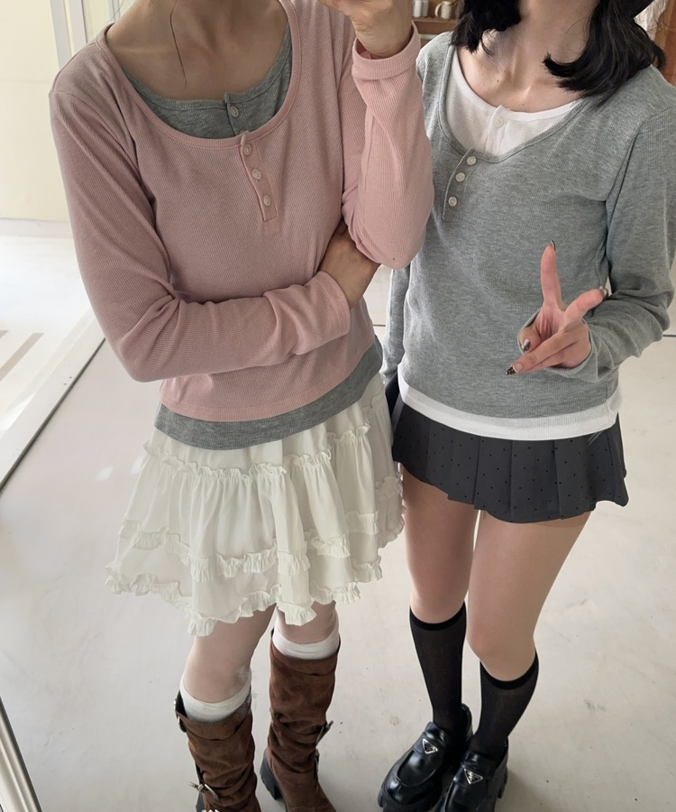 レイヤードヘンリーネック長袖Ｔシャツ GREY