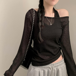 リップネックワンオフストリングニット BLACK