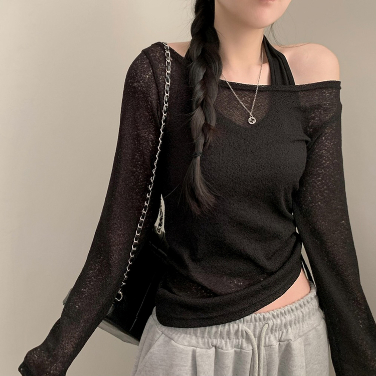 リップネックワンオフストリングニット BLACK