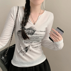 Vネックスリットビンテージ長袖Tシャツ IVORY