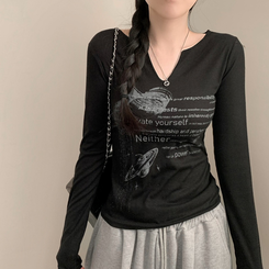 Vネックスリットビンテージ長袖Tシャツ BLACK