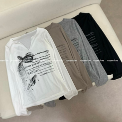 Vネックスリットビンテージ長袖Tシャツ