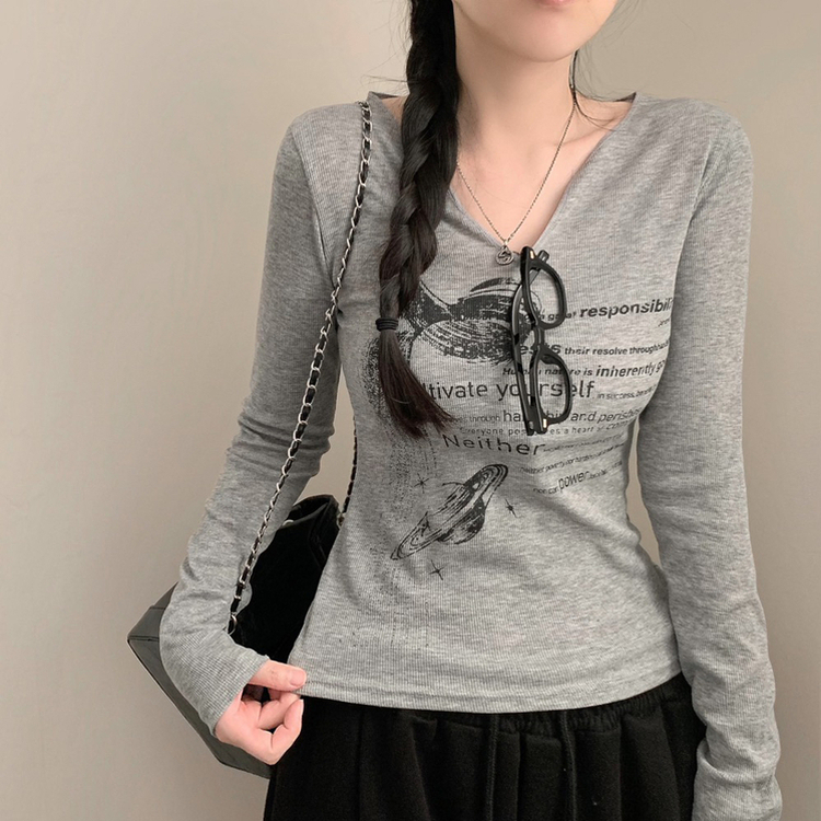 Vネックスリットビンテージ長袖Tシャツ MELANGE