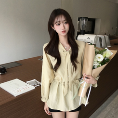 フリルストラップリボンシースルーブラウス BEIGE