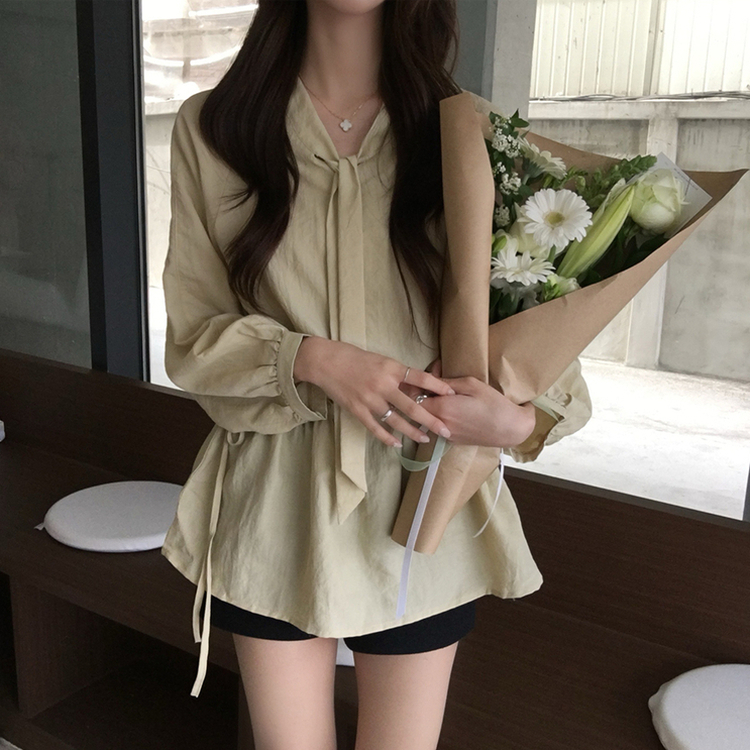 フリルストラップリボンシースルーブラウス BEIGE