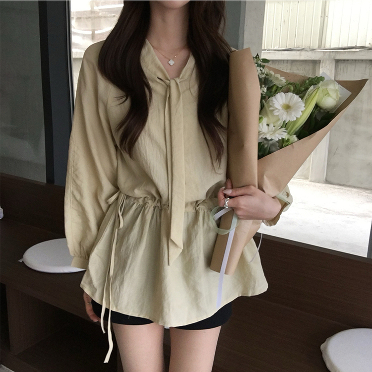 フリルストラップリボンシースルーブラウス BEIGE