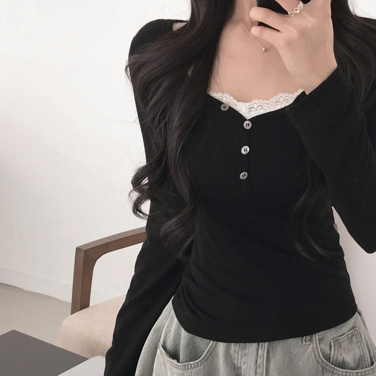 アンバランス真珠ボタン長袖Tシャツ BLACK