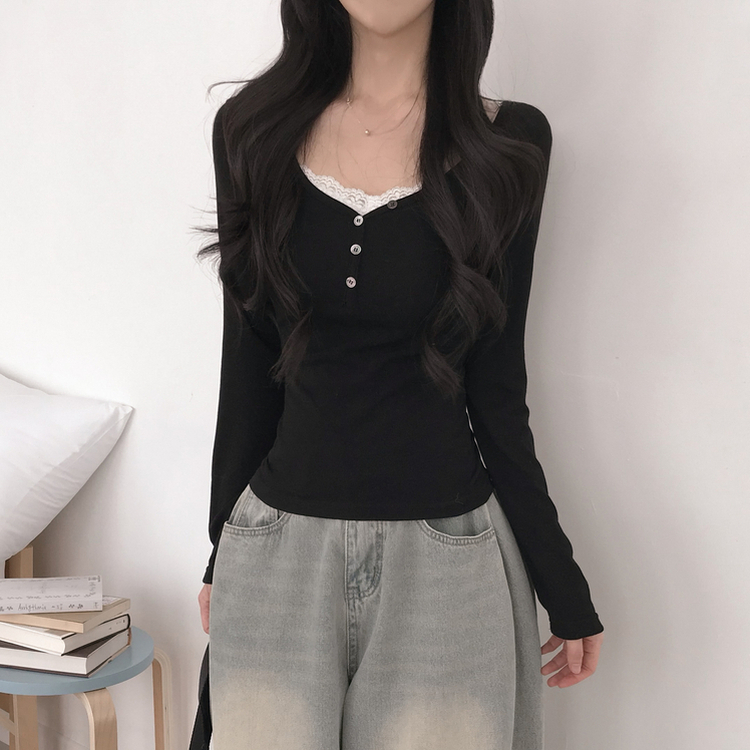 アンバランス真珠ボタン長袖Tシャツ BLACK