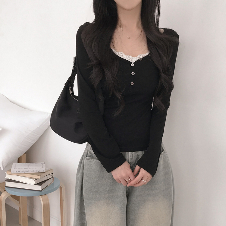 アンバランス真珠ボタン長袖Tシャツ BLACK