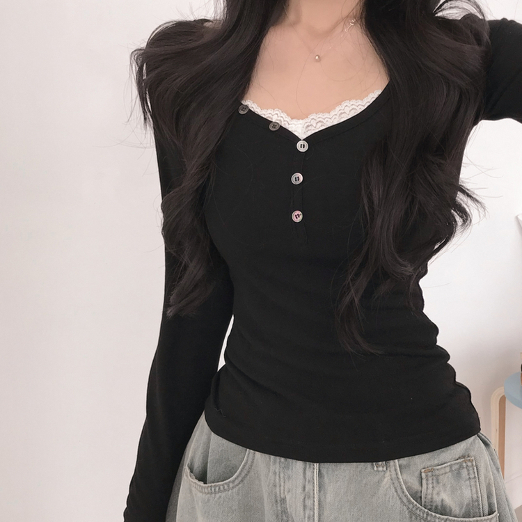 アンバランス真珠ボタン長袖Tシャツ BLACK