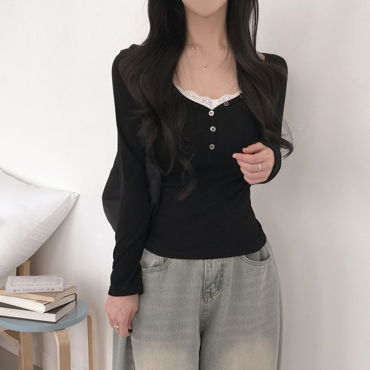 アンバランス真珠ボタン長袖Tシャツ BLACK