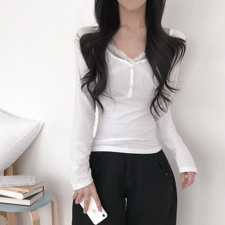 アンバランス真珠ボタン長袖Tシャツ IVORY