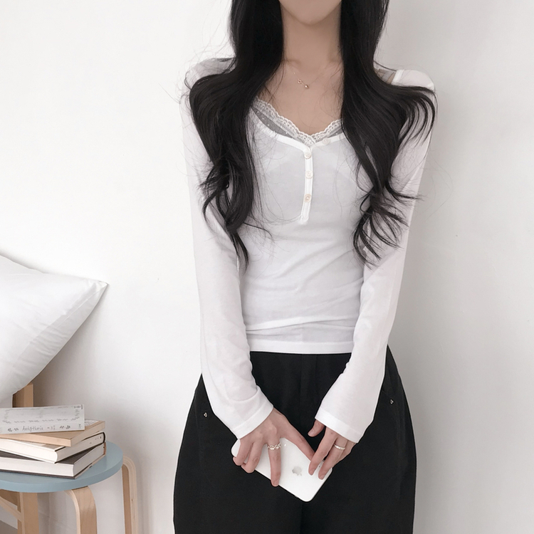 アンバランス真珠ボタン長袖Tシャツ IVORY