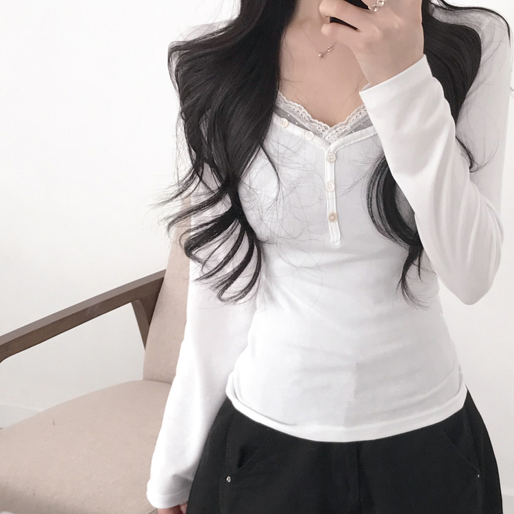 アンバランス真珠ボタン長袖Tシャツ IVORY