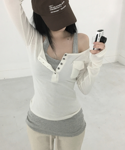 ポケットオフボタン長袖Tシャツ(5color) IVORY