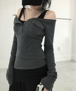 ポケットオフボタン長袖Tシャツ(5color) CHARCOAL