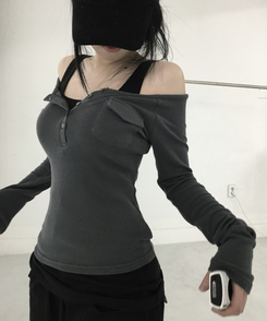 ポケットオフボタン長袖Tシャツ(5color) CHARCOAL