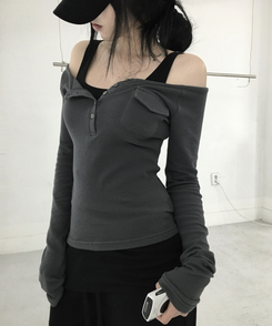 ポケットオフボタン長袖Tシャツ(5color) CHARCOAL