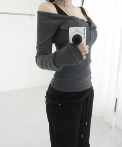 ポケットオフボタン長袖Tシャツ(5color) CHARCOAL