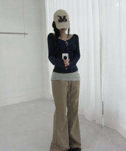 ポケットオフボタン長袖Tシャツ(5color) NAVY