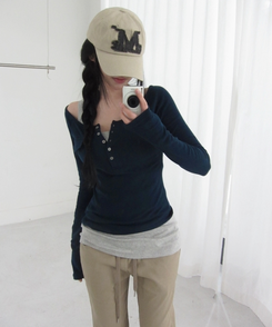 ポケットオフボタン長袖Tシャツ(5color) NAVY