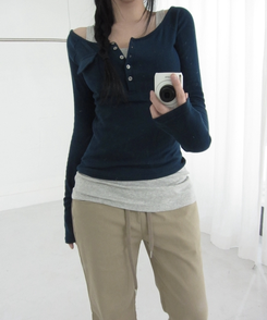ポケットオフボタン長袖Tシャツ(5color) NAVY