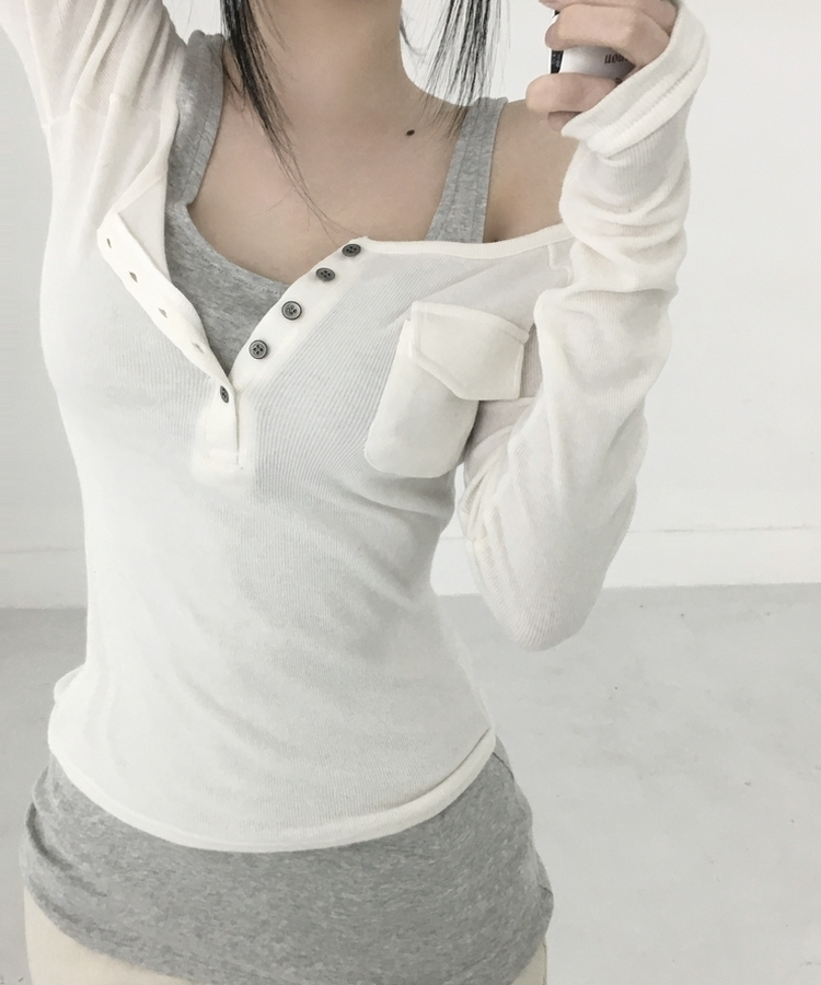 ポケットオフボタン長袖Tシャツ(5color) IVORY