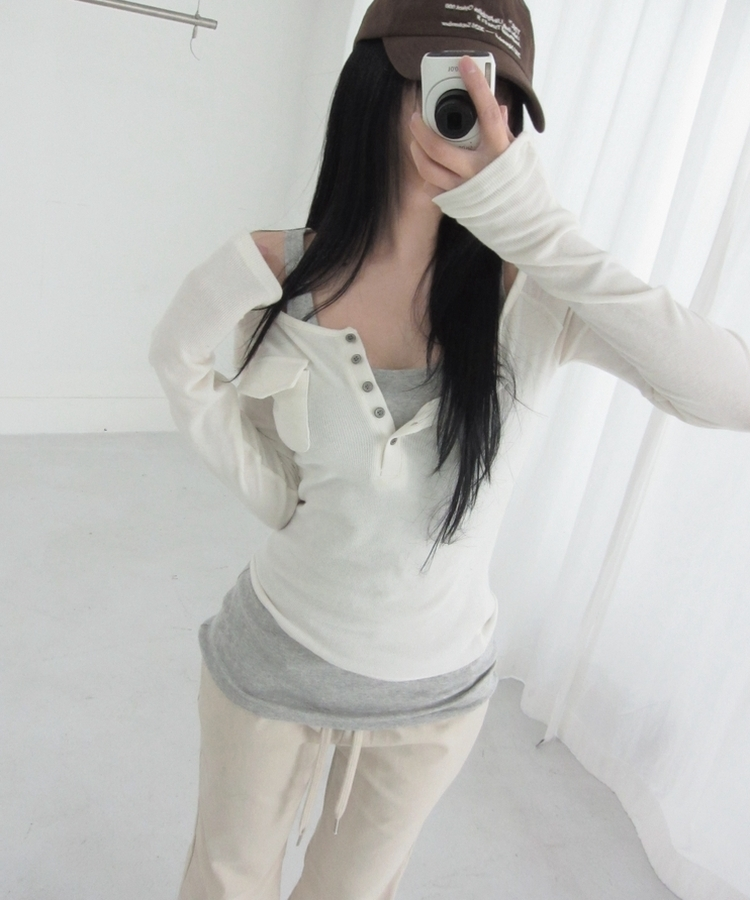 ポケットオフボタン長袖Tシャツ(5color) IVORY