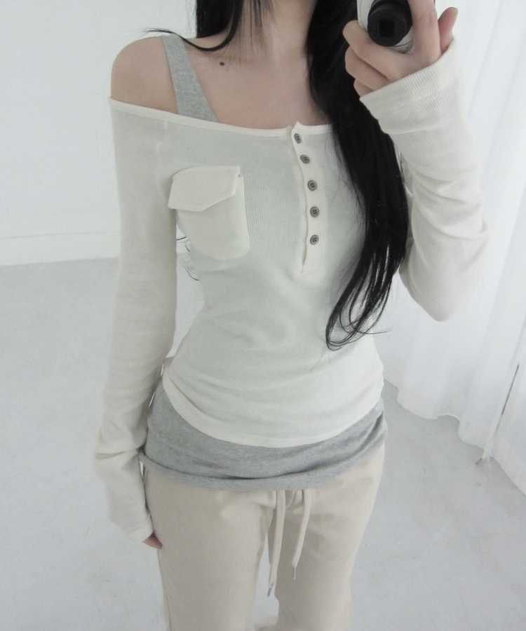 ポケットオフボタン長袖Tシャツ(5color) IVORY