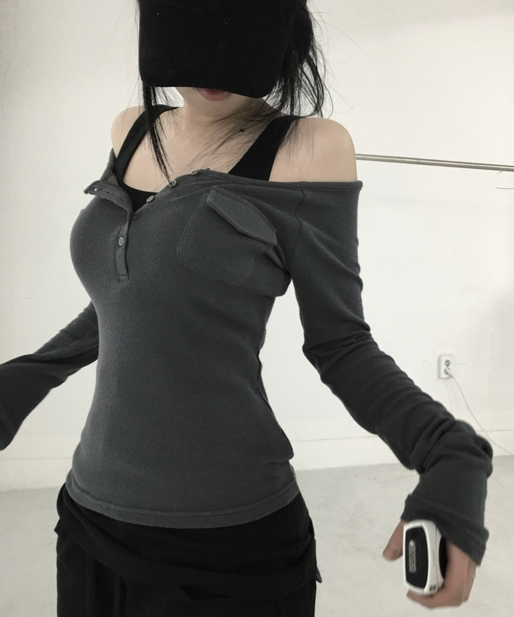 ポケットオフボタン長袖Tシャツ(5color) CHARCOAL