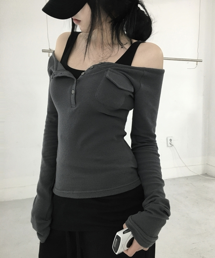 ポケットオフボタン長袖Tシャツ(5color) CHARCOAL