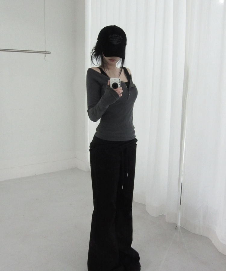 ポケットオフボタン長袖Tシャツ(5color) CHARCOAL