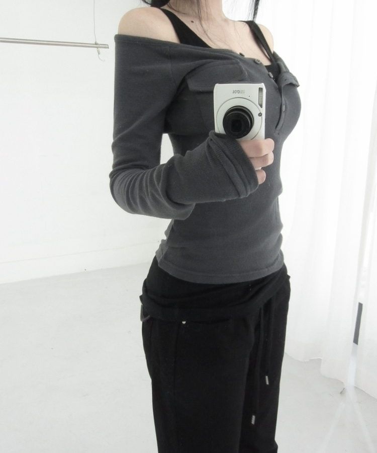 ポケットオフボタン長袖Tシャツ(5color) CHARCOAL