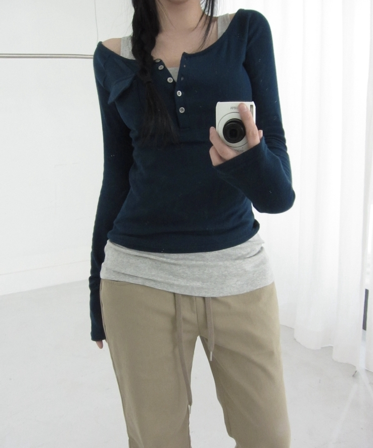ポケットオフボタン長袖Tシャツ(5color) NAVY