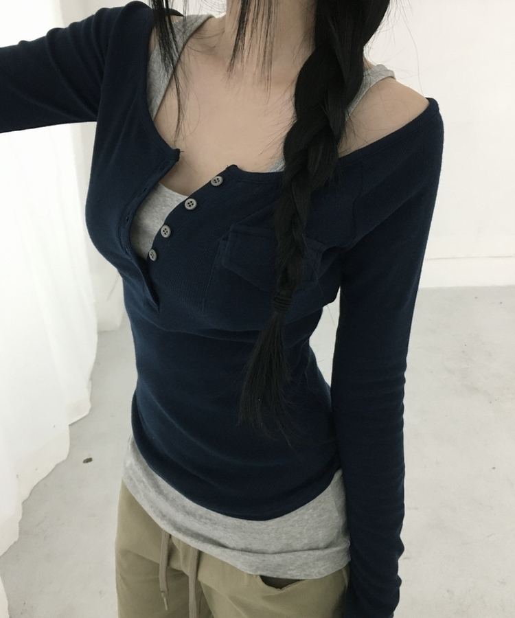 ポケットオフボタン長袖Tシャツ(5color) NAVY