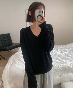 ボタン袖ルーズフィットVニット BLACK
