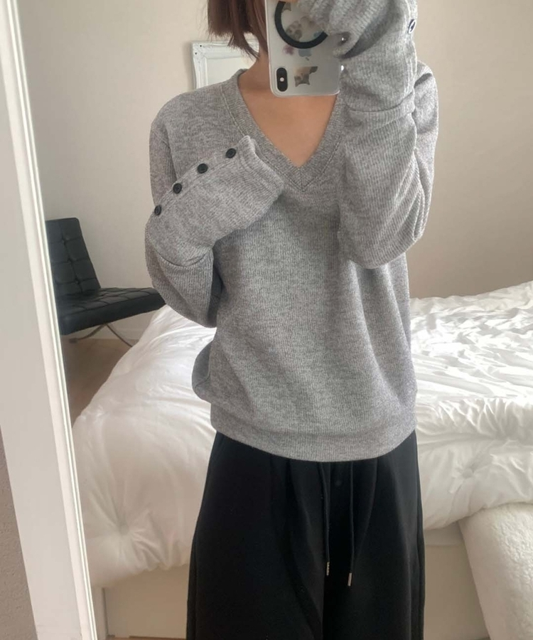 ボタン袖ルーズフィットVニット GREY