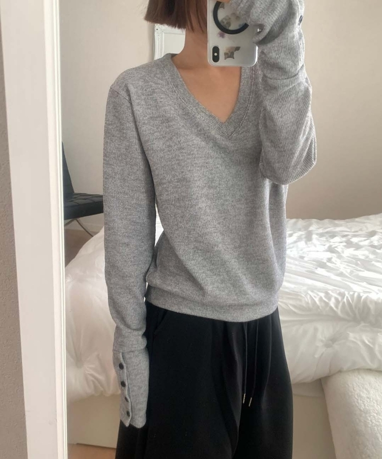 ボタン袖ルーズフィットVニット GREY