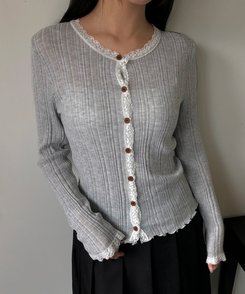 レースボタンカーディガン GREY