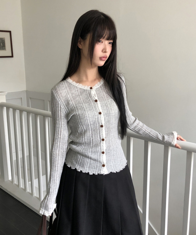 レースボタンカーディガン GREY