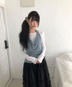 【SET】リップネックレイヤード長袖Tシャツ BLUE