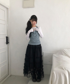 【SET】リップネックレイヤード長袖Tシャツ BLUE