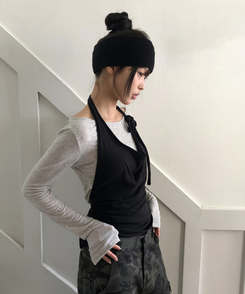 【SET】リップネックレイヤード長袖Tシャツ BLACK