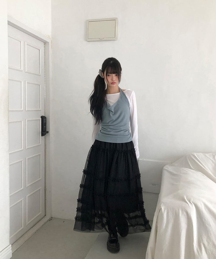 【SET】リップネックレイヤード長袖Tシャツ BLUE