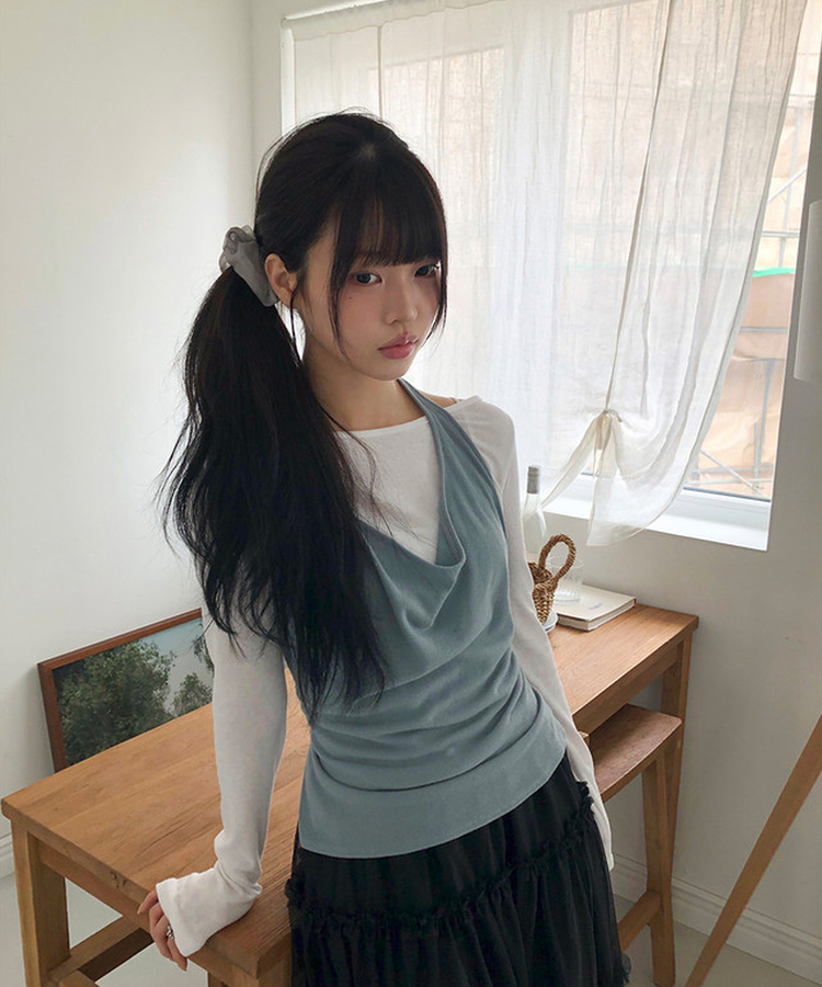 【SET】リップネックレイヤード長袖Tシャツ BLUE